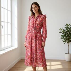 Pinko Rosarno Pink Floral Print Shirt A-Line Ruffle Midi Dress